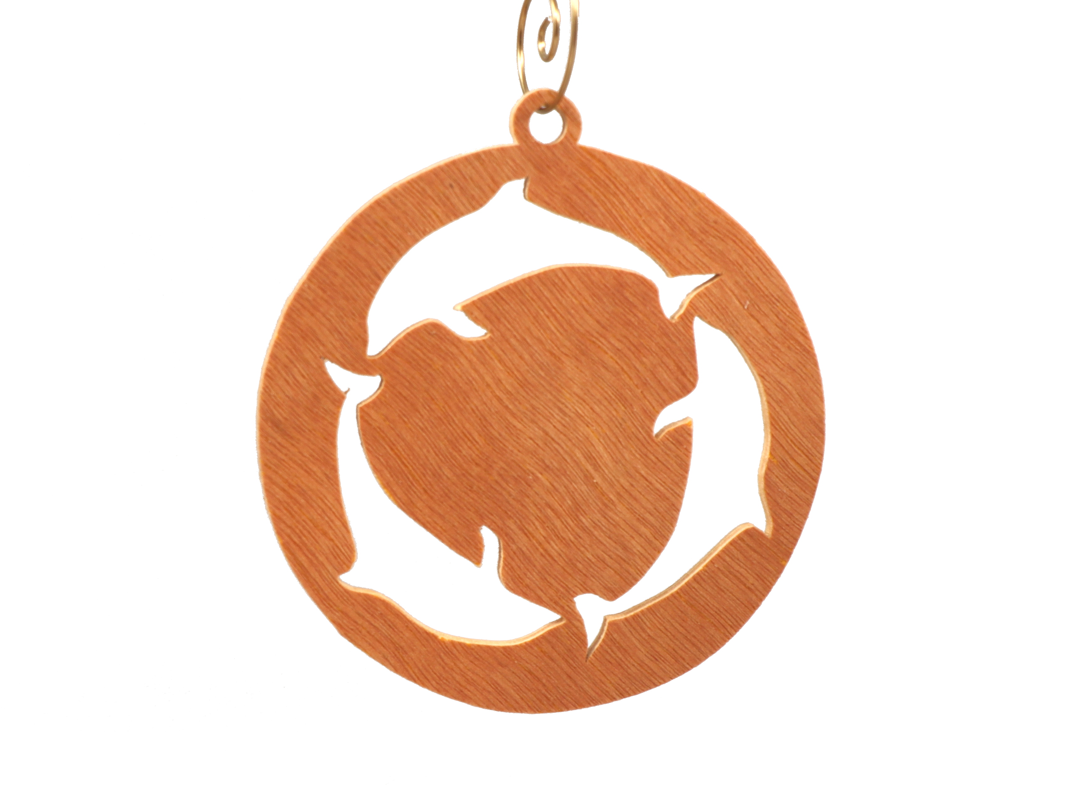 Handmade Rustic Christmas Tree Ornament Circle of Dolphins Made From Reclaimed Wood Sanded and Finished With Clear Shellac