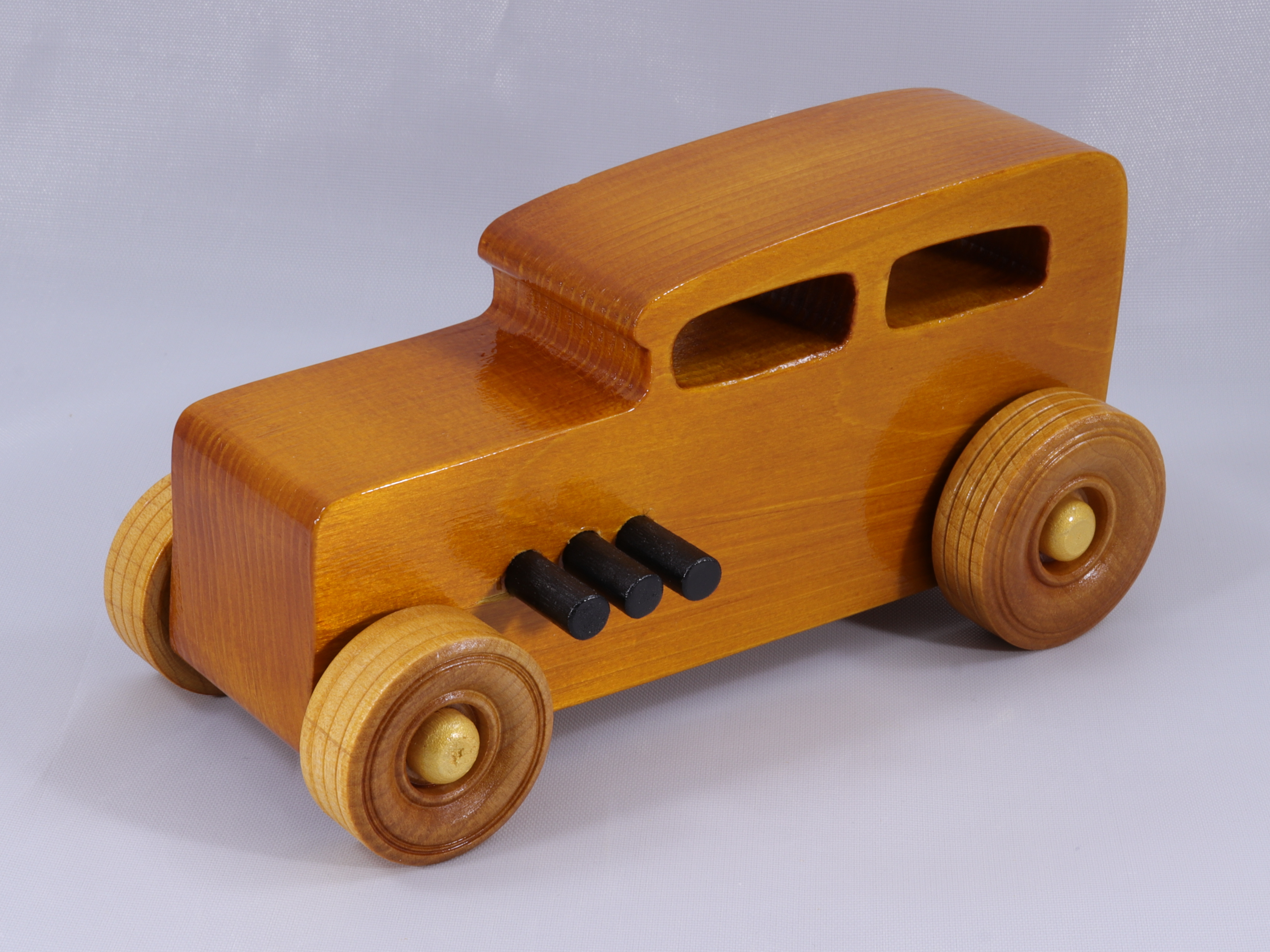 Handmade Wood Toy Car '32 Sedan Hot Rod Finished with Amber Shellac With Metallic Gold And Black Acrylic Paint Trim