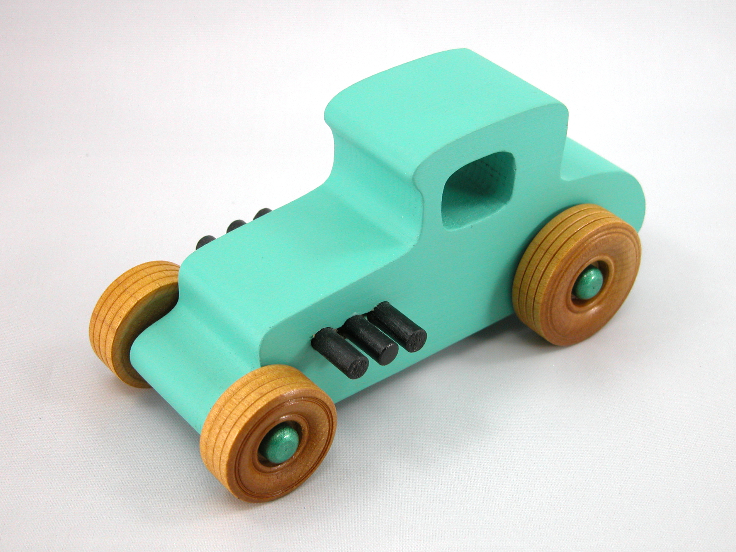Handmade Wood Toy Car Hot Rod 1927 T-Coupe Painted with Turquoise,  Metallic Emerald Green, And Black Acrylic Paint With Wheels Finished With Nonmaring Amber Shellac Wheels