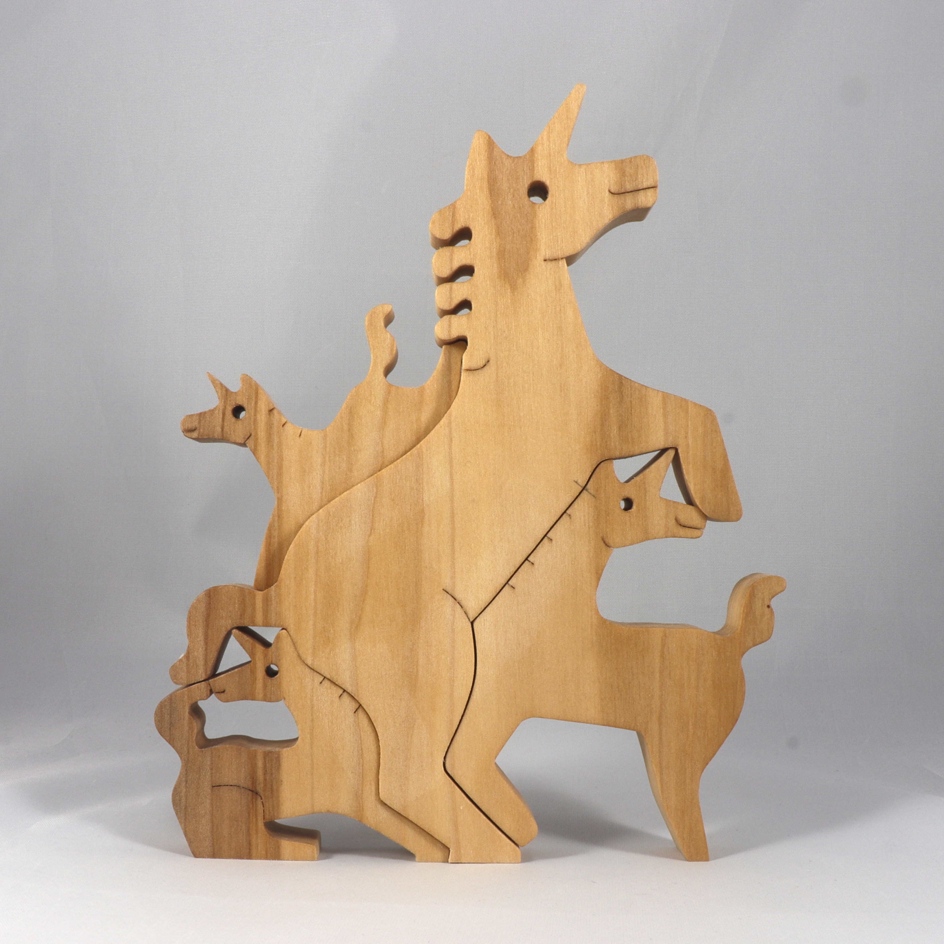 Wood Puzzle, Unicorn Family, Mom, and Babies, Handmade and Finished Freestanding Stackable Toy Fantasy Animal