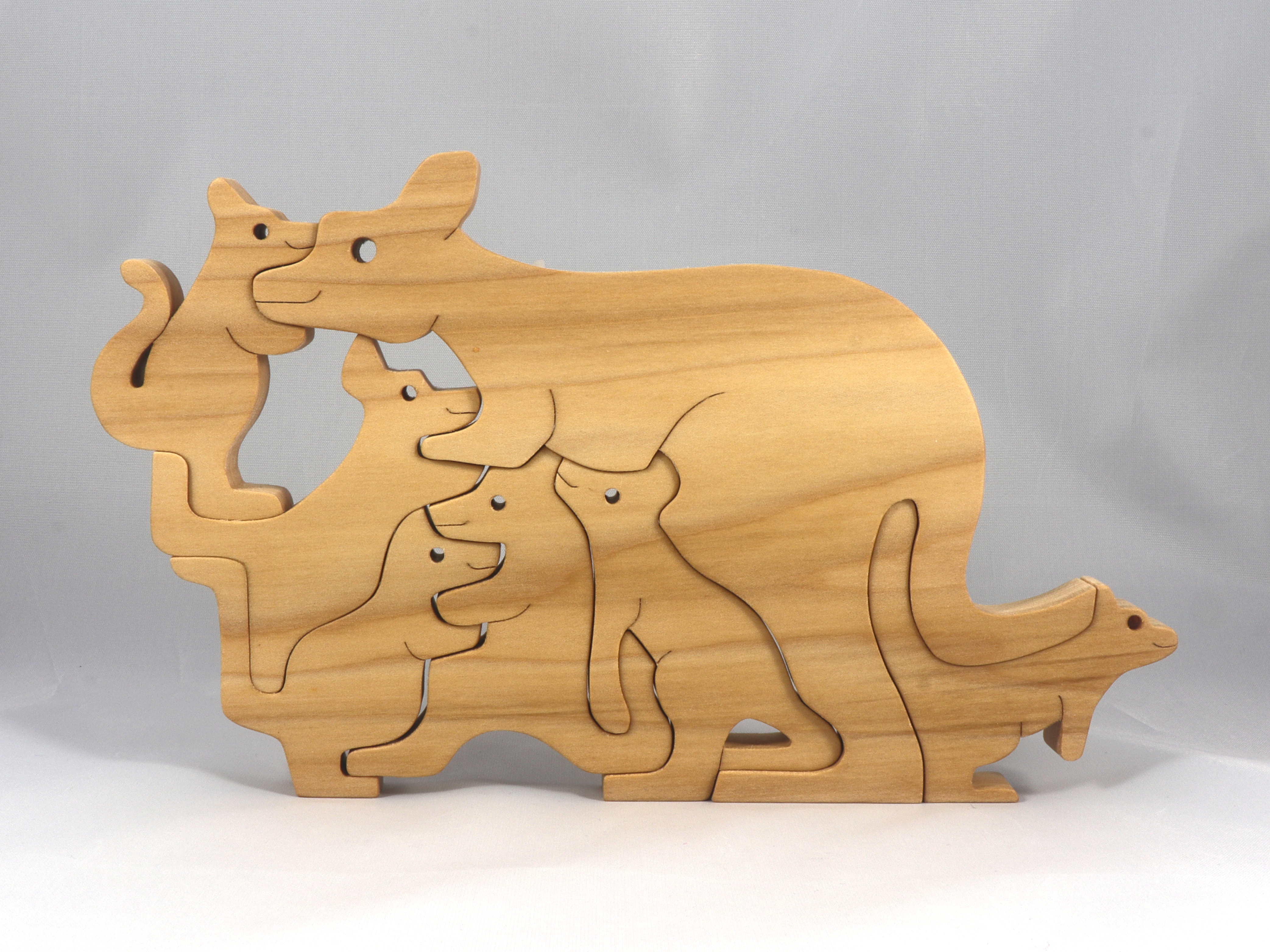 Kangaroo Family Stacking Puzzle made of select-grade hardwoods with mineral oil, beeswax, and carnauba wax finish.