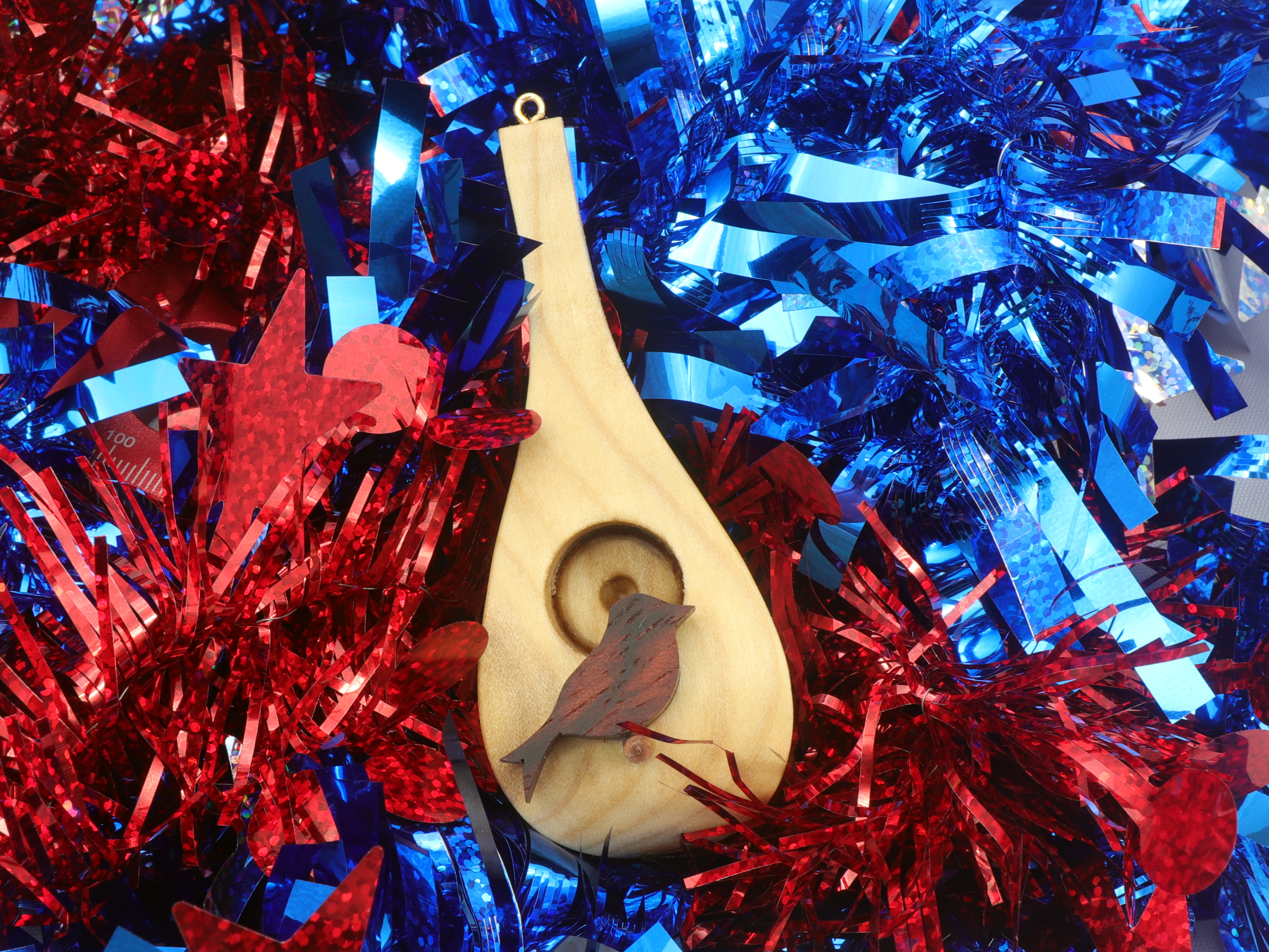 Wood Birdhouse Ornament Christmas Tree Decoration Handmade From Select Hardwoods and Finished with Oil and Beeswax