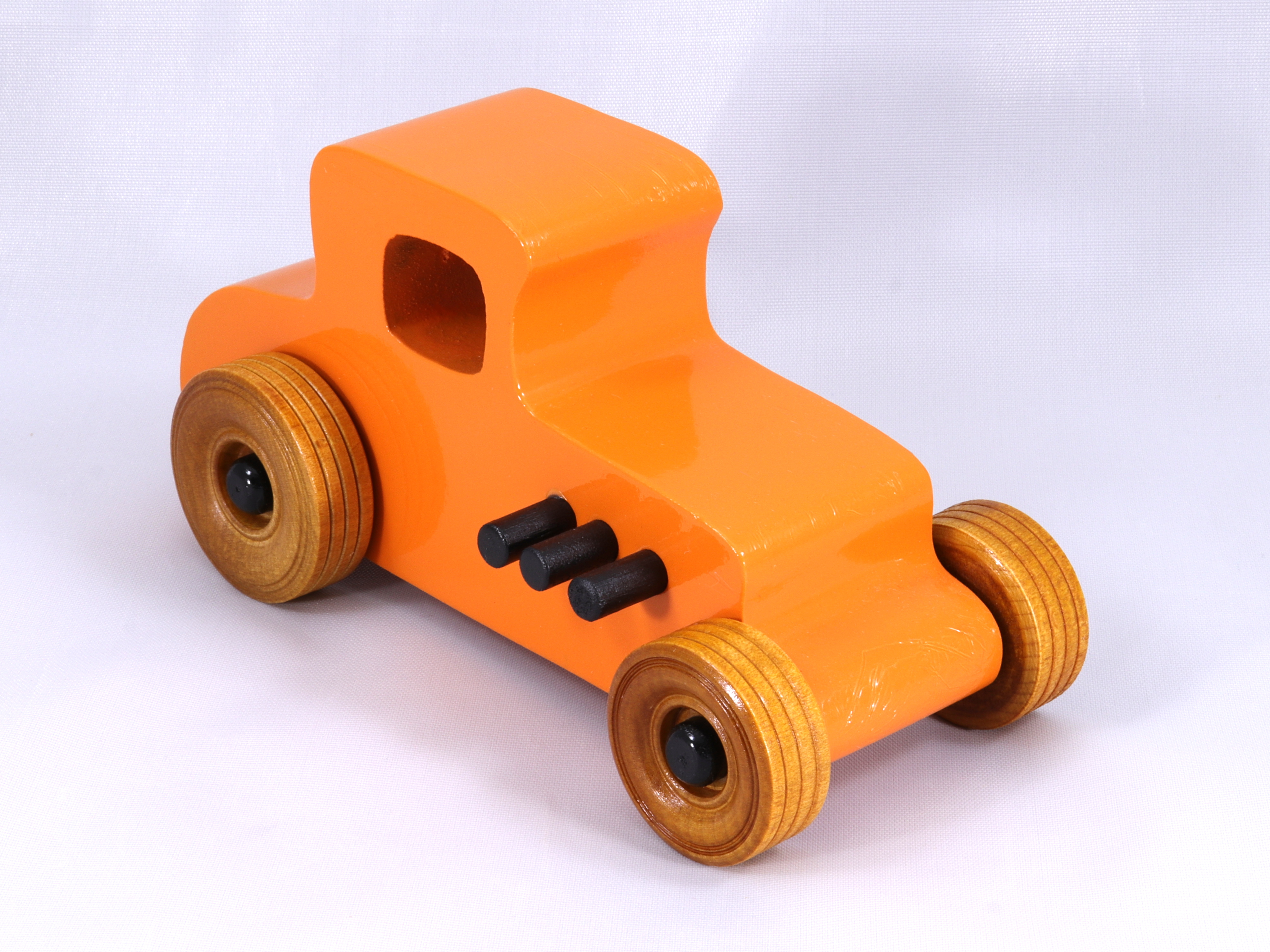 Handmade Wood Toy Car Hot Rod '27 T-Coupe Finished with Pumpkin Orange and Black Acrylic Paint and Amber Shellac