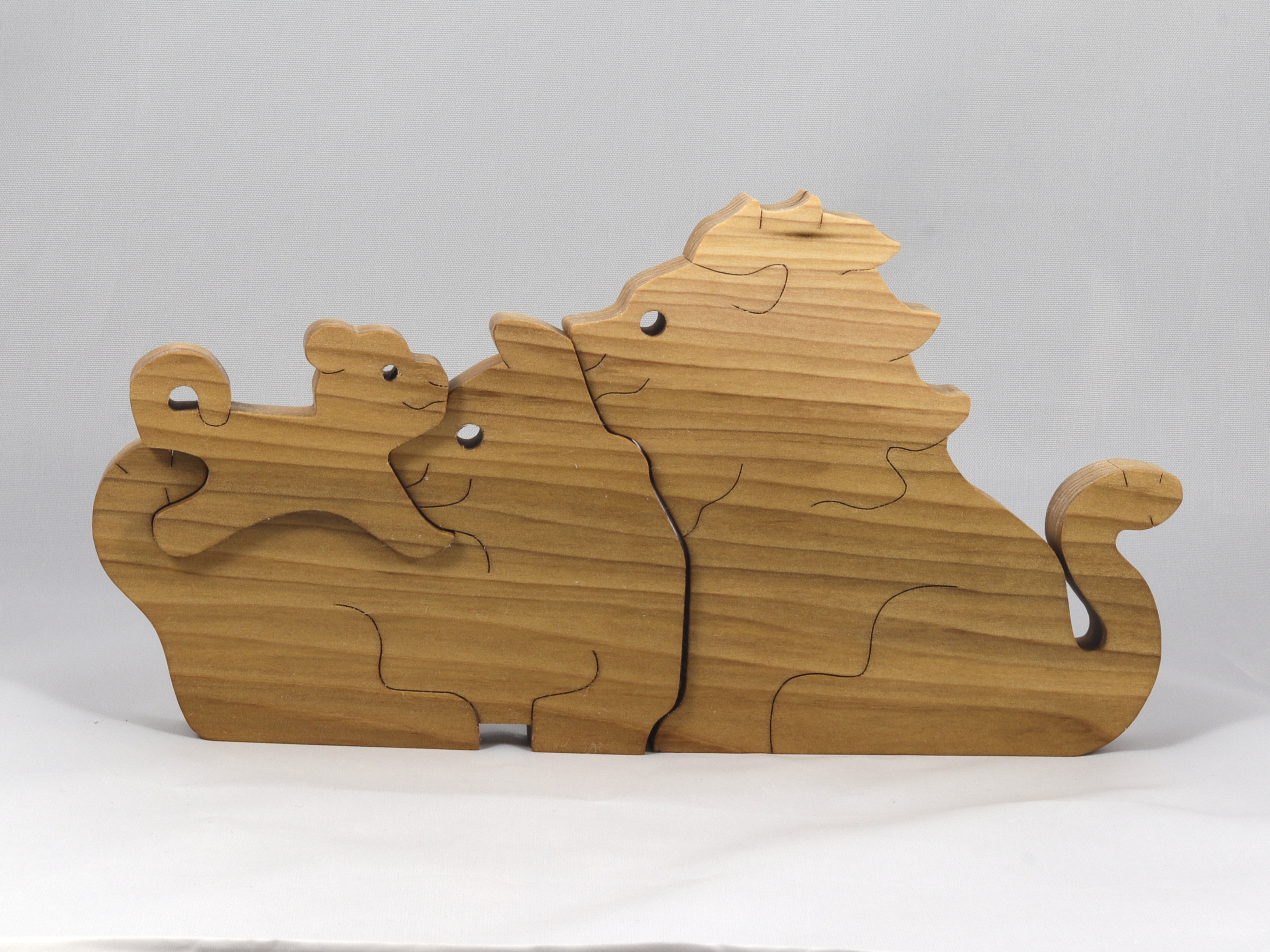 Handmade Toy Wood Puzzle Lion Family Mom Dad and Baby/Cub and Hand Finished with Mineral Oil and Wax Blend Freestanding and Stackable Toy Animal