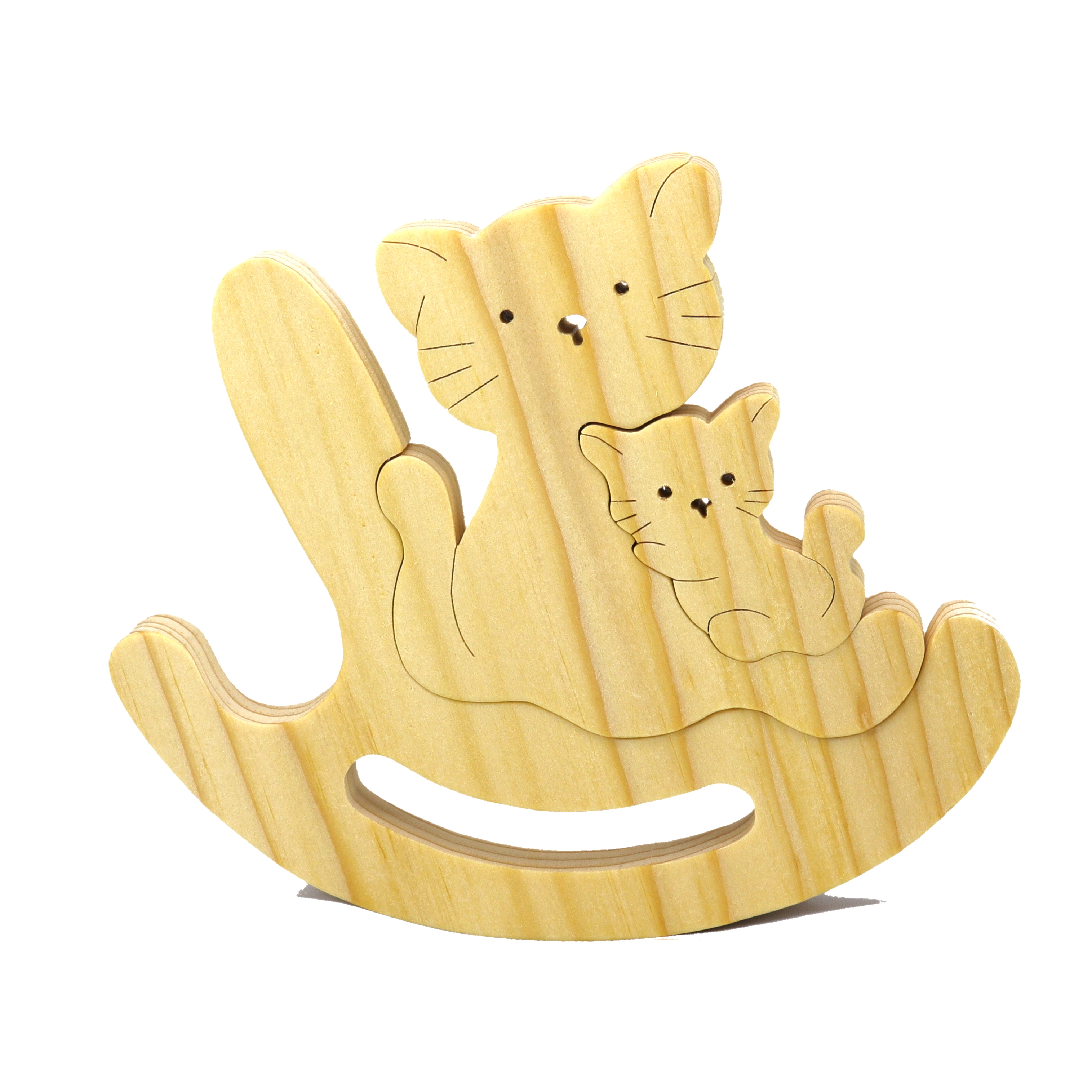 Handmade Wood Puzzle featuring Moma Cat and Baby Kitten in a Rocker, a simple three-part design crafted with traditional woodworking tools. Smoothly sanded and finished with a blend of mineral oil and beeswax for a lustrous touch. Carefully assembled and tested for quality. Made to order with a commitment to artisanal excellence.