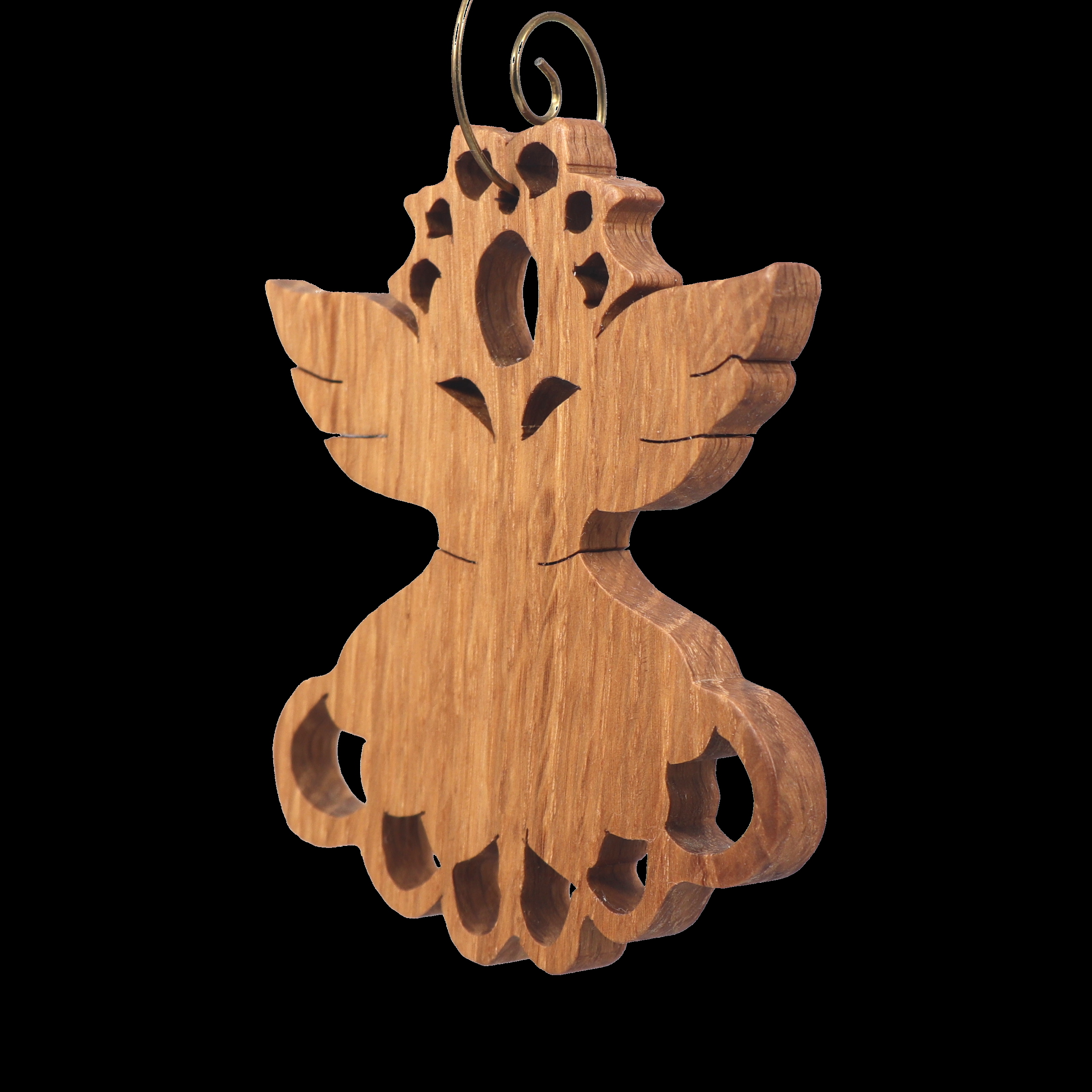 Handmade Victorian Style Fretwork Angel Christmas tree ornament. Made from upcycled hardwood and hand finished with a custom blend of oil and waxes applied hot for deep penetration and durability.