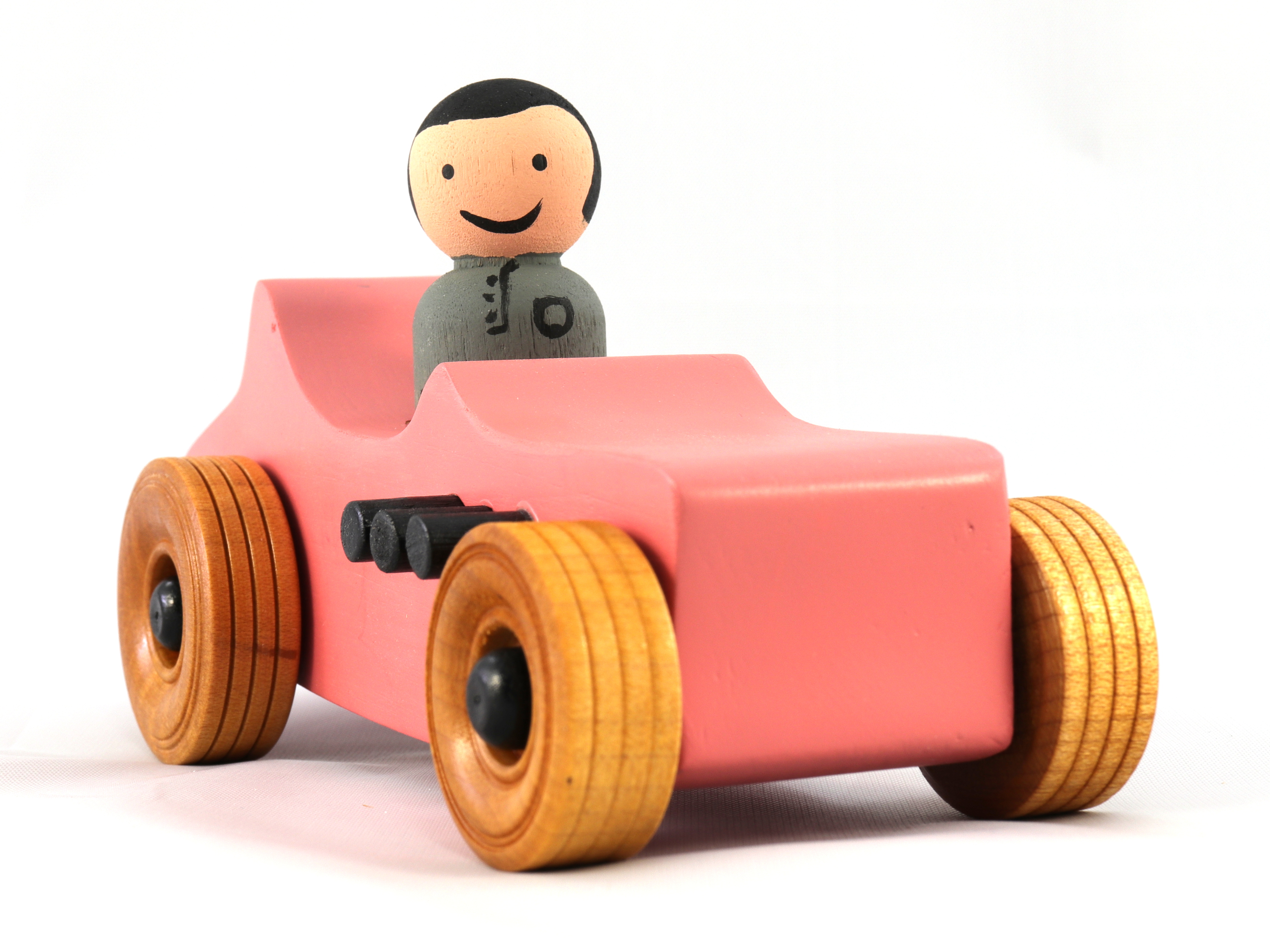 Handmade and painted wooden toy car '27 T-Bucket with peg doll driver. Pink and black paint with non-marking amber shellac. Made to order.