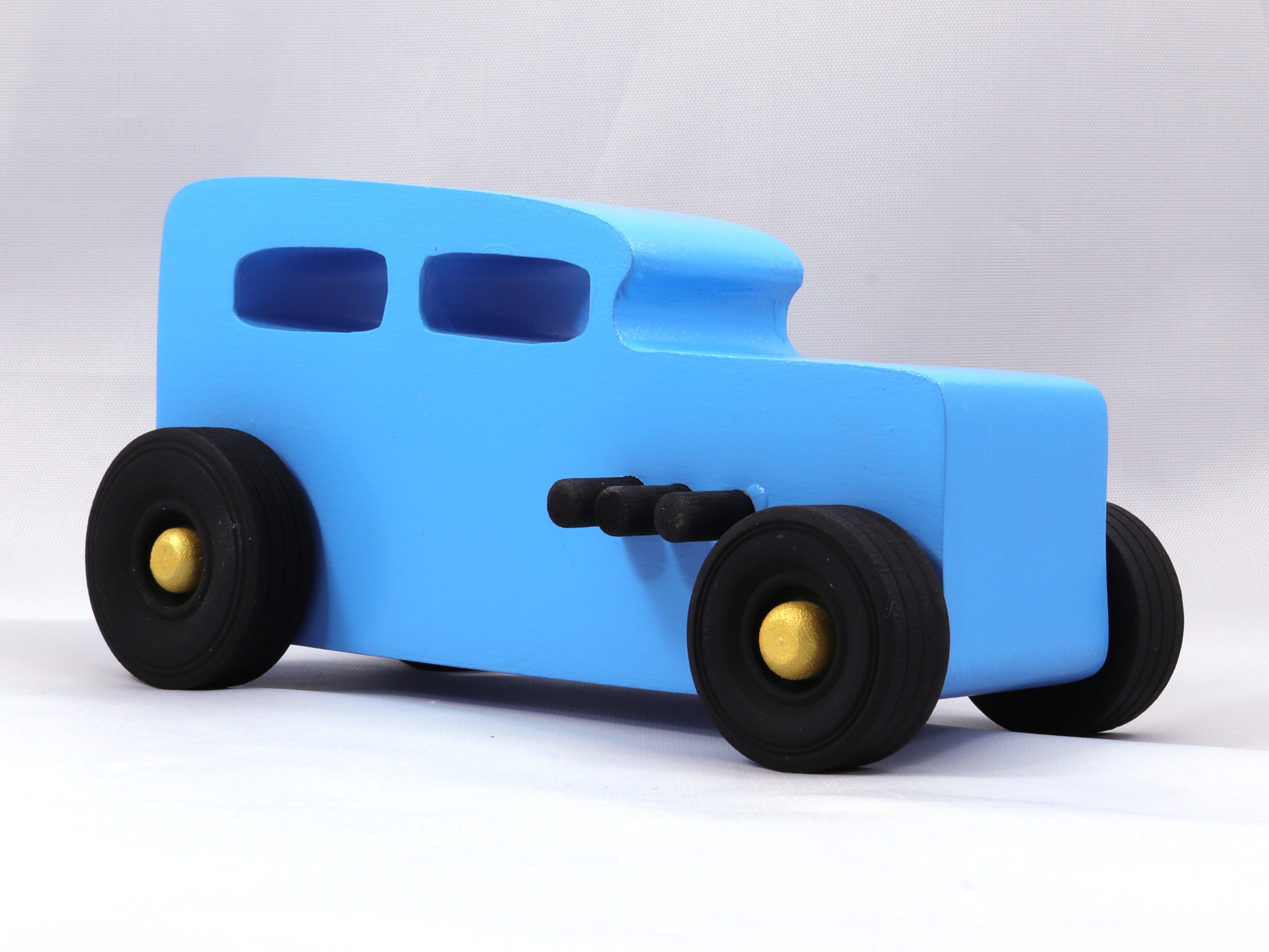 Handmade Wooden Toy Car inspired by the Hot Rod Classic 1932 Sedan. Painted Baby Blue with Metallic Gold and Black trim. - Made To Order