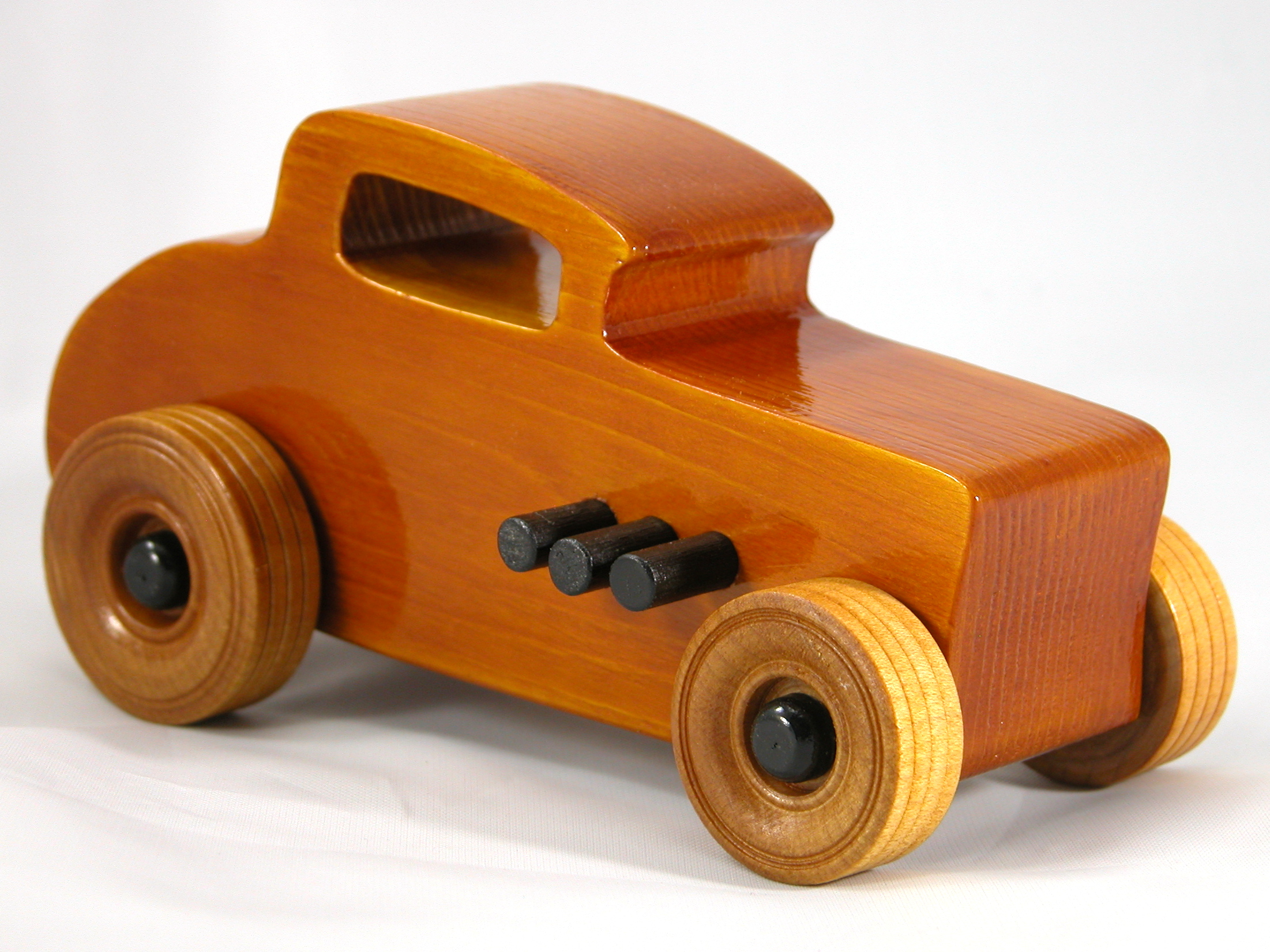 Handmade Wood Toy Car Hot Rod 32 Deuce Coupe Finished with Amber Shellac and Black Acrylic Paint