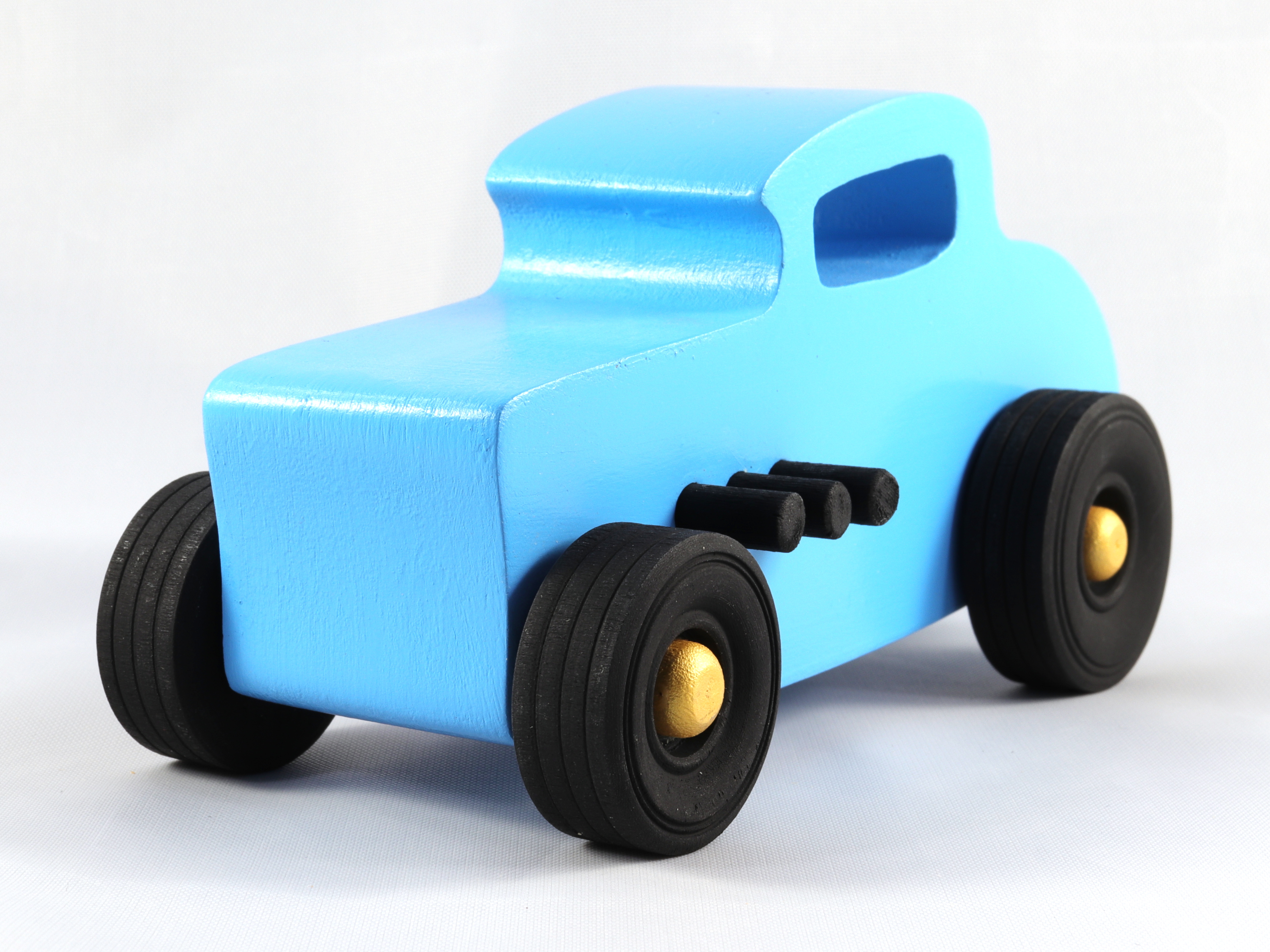 Handmade Wooden Toy Car Hot Rod 1932 Deuce Coupe, Painted With Nontoxic Baby Blue, Black, And Metallic Gold Acrylic Paint