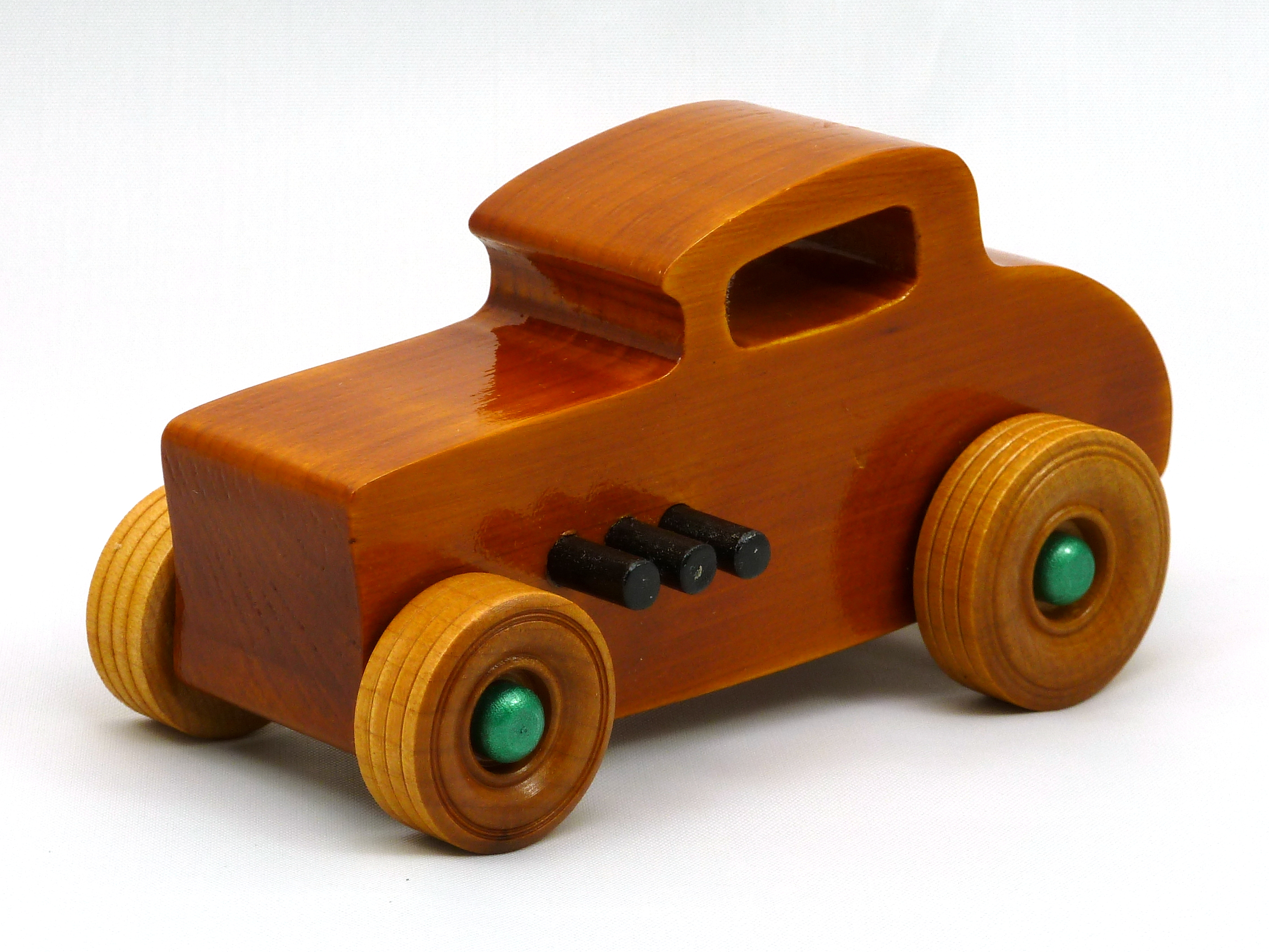 1932 Deuce Coupe Hot Rod Wooden Toy Car, Hand Finished with Amber Shellac and Metallic Emerald Green and Black Acrylic Paint