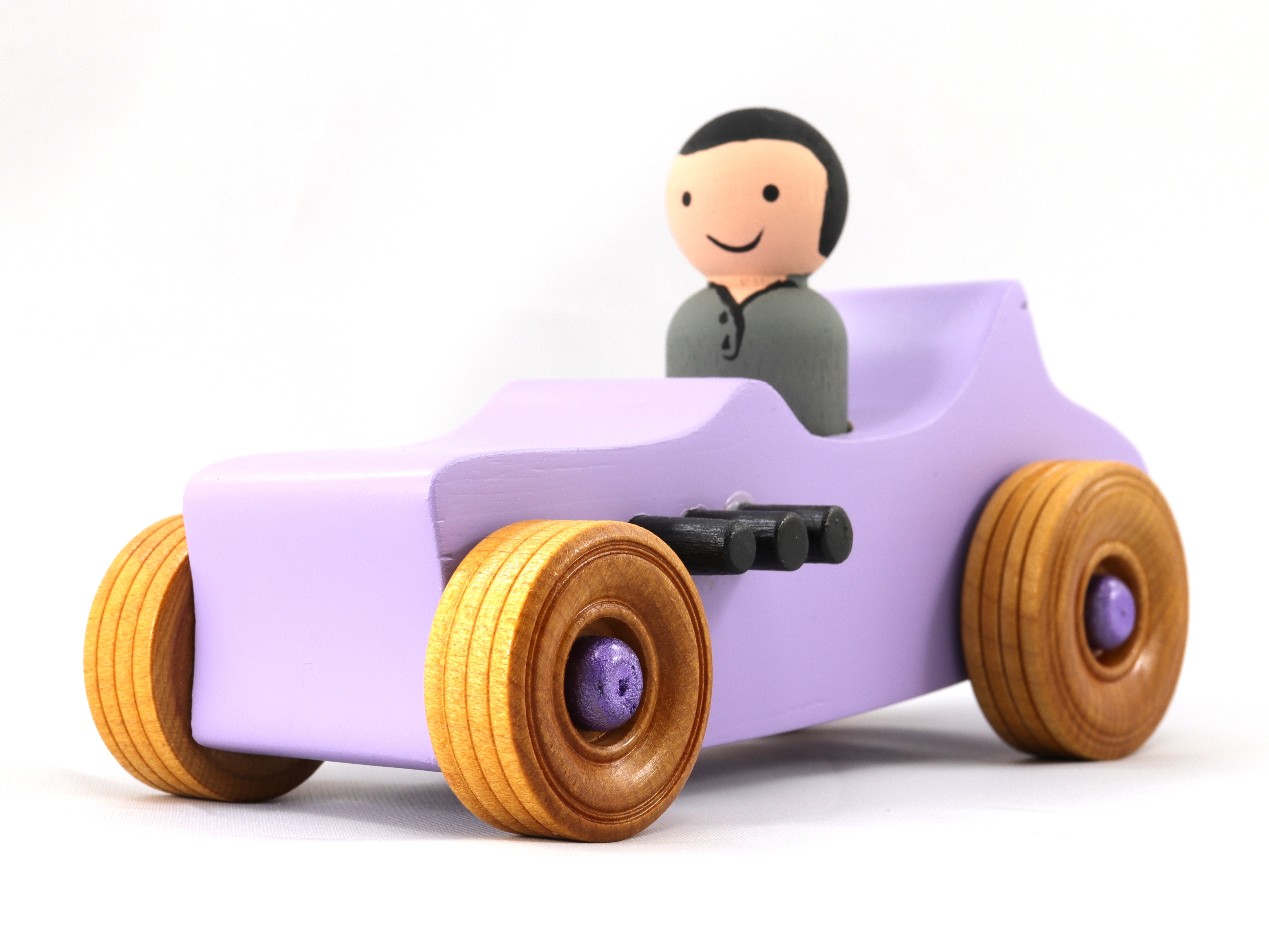 Hand-painted Lavender Wooden Toy Car inspired by the Hot Rod '27 T-Bucket with Metallic Purple and black trim and non-marring Amber Shellac wheels.