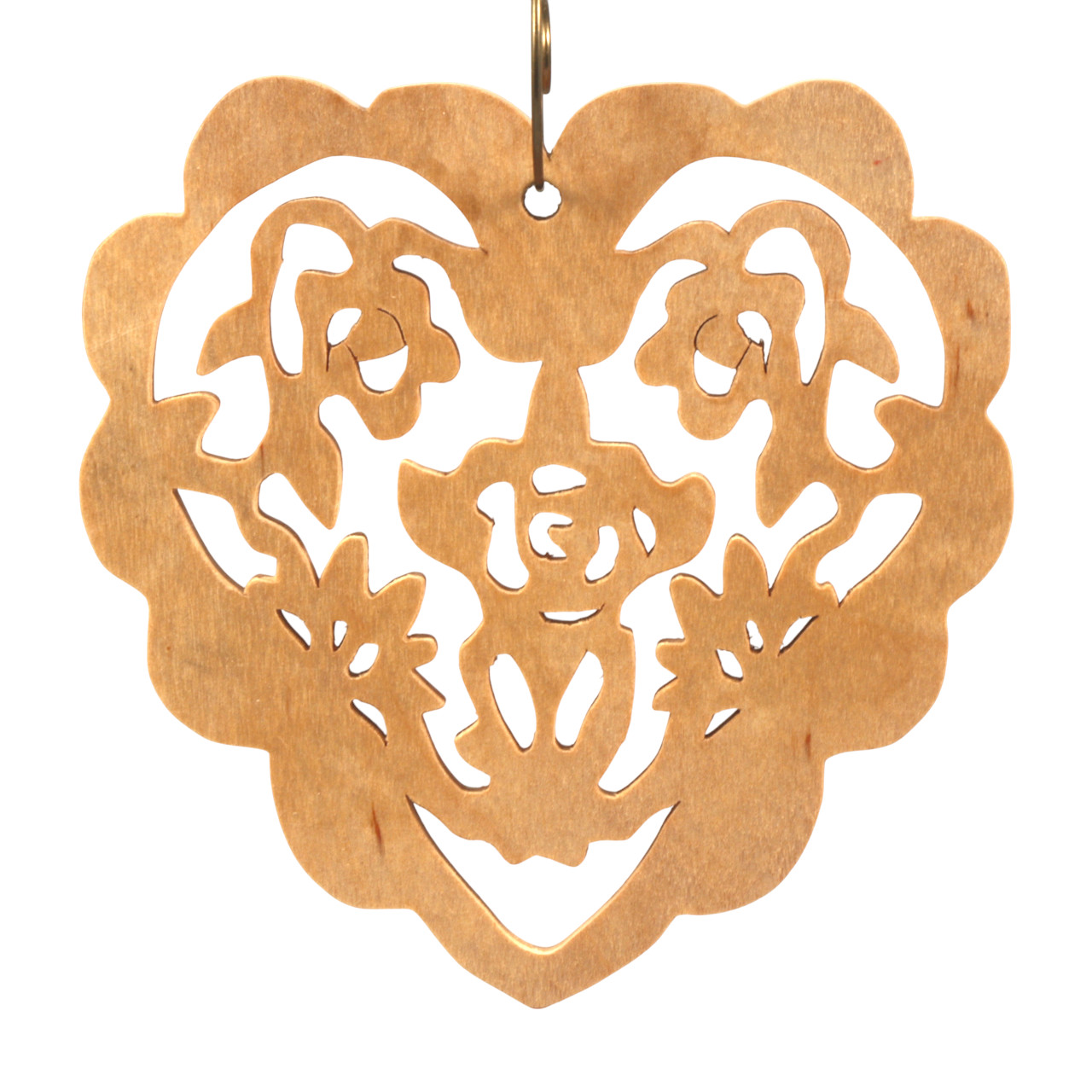 A handmade wooden Victorian-style fretwork floral heart Christmas tree ornament, featuring intricate cutout floral patterns in a heart shape, with a warm natural wood finish.